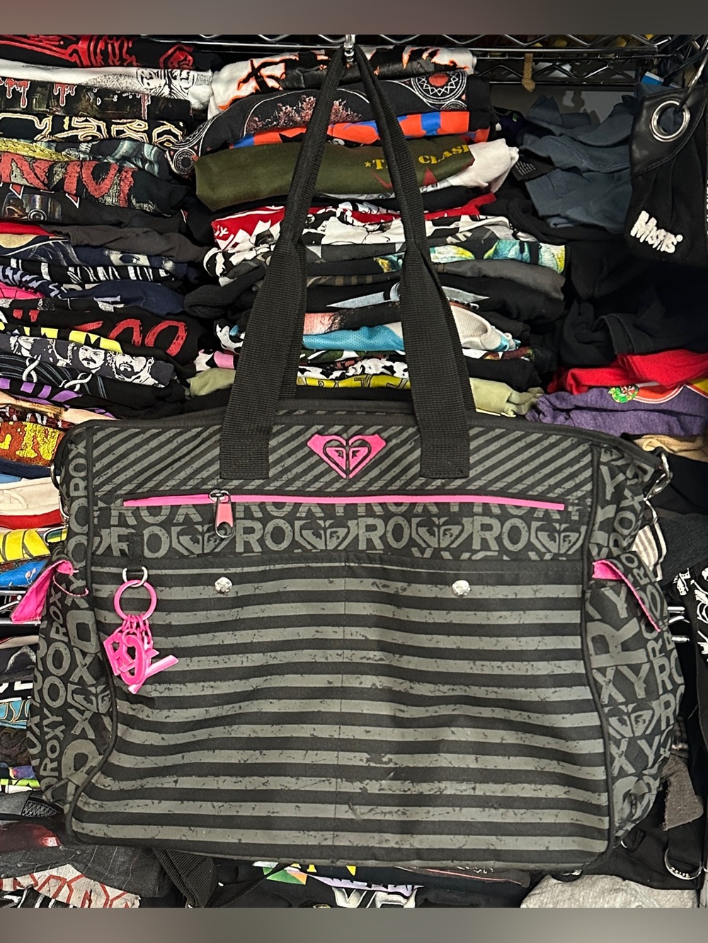 Y2K ROXY black pink embroidered multi pocket tote bag.